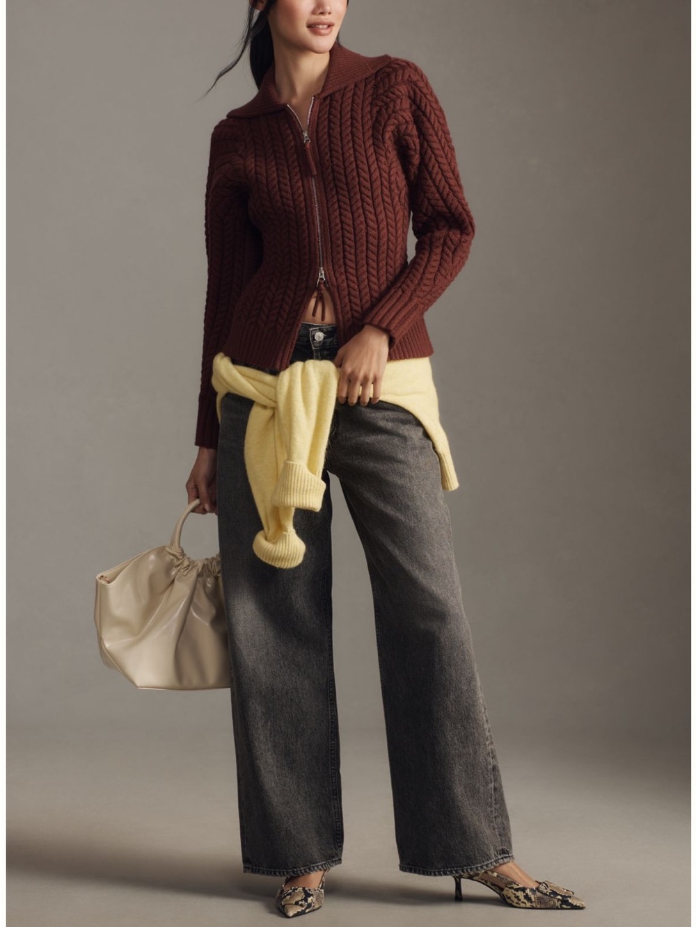 Maeve Hourglass Two way Cable-Knit Zip Cardigan Sweater - Brown - Picture 3 of 12